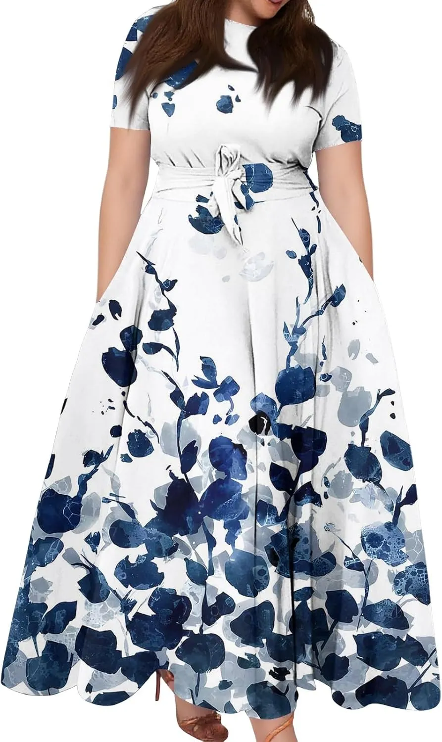 Women Plus Size Short Sleeve Dresses Summer Casual Maxi Dress Crew Neck Floral Flowy Beach A Line Dress with Pockets