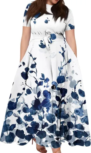 Women Plus Size Short Sleeve Dresses Summer Casual Maxi Dress Crew Neck Floral Flowy Beach A Line Dress with Pockets