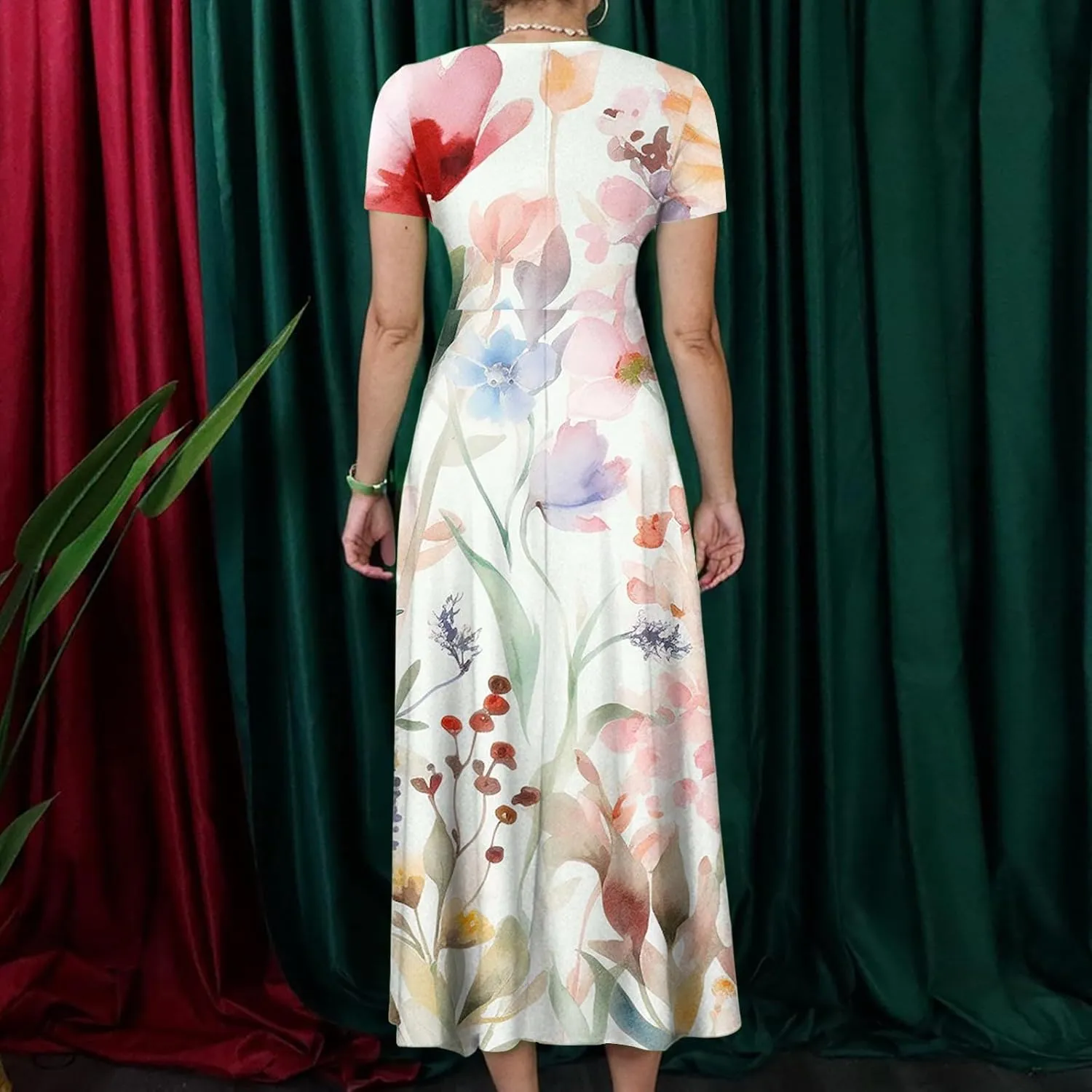 Women Plus Size Short Sleeve Dresses Summer Casual Maxi Dress Crew Neck Floral Flowy Beach A Line Dress with Pockets