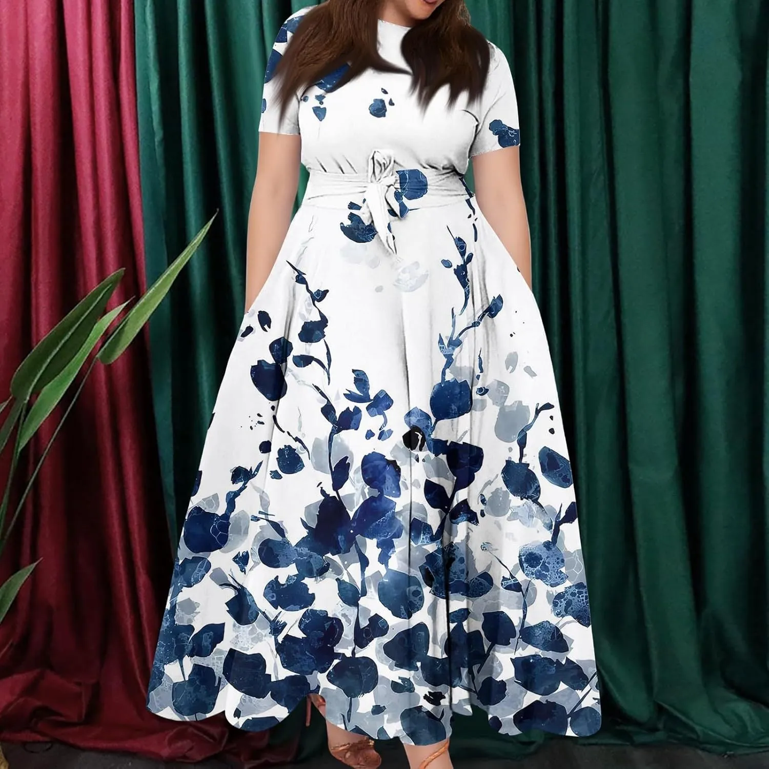 Women Plus Size Short Sleeve Dresses Summer Casual Maxi Dress Crew Neck Floral Flowy Beach A Line Dress with Pockets