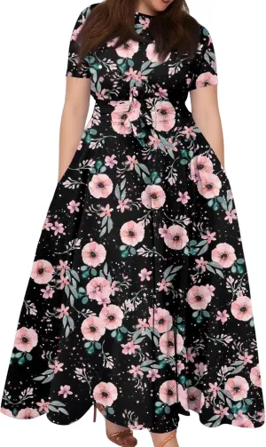 Women Plus Size Short Sleeve Dresses Summer Casual Maxi Dress Crew Neck Floral Flowy Beach A Line Dress with Pockets