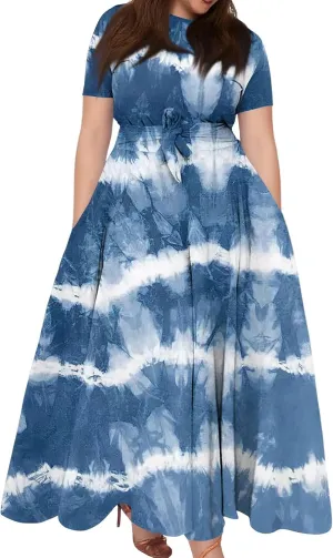 Women Plus Size Short Sleeve Dresses Summer Casual Maxi Dress Crew Neck Floral Flowy Beach A Line Dress with Pockets