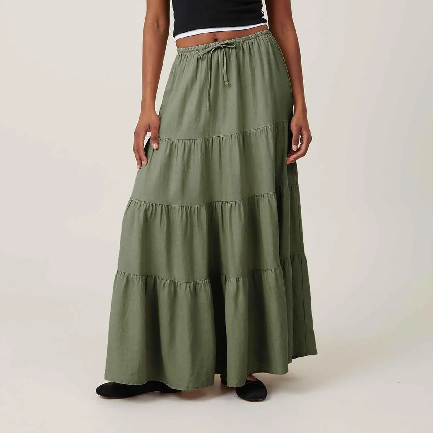 Women Ruched Ruffle Tiered Maxi Skirt, Summer Loose Flowy Casual Long Skirts High Waisted Drawstring Going Out Clothes