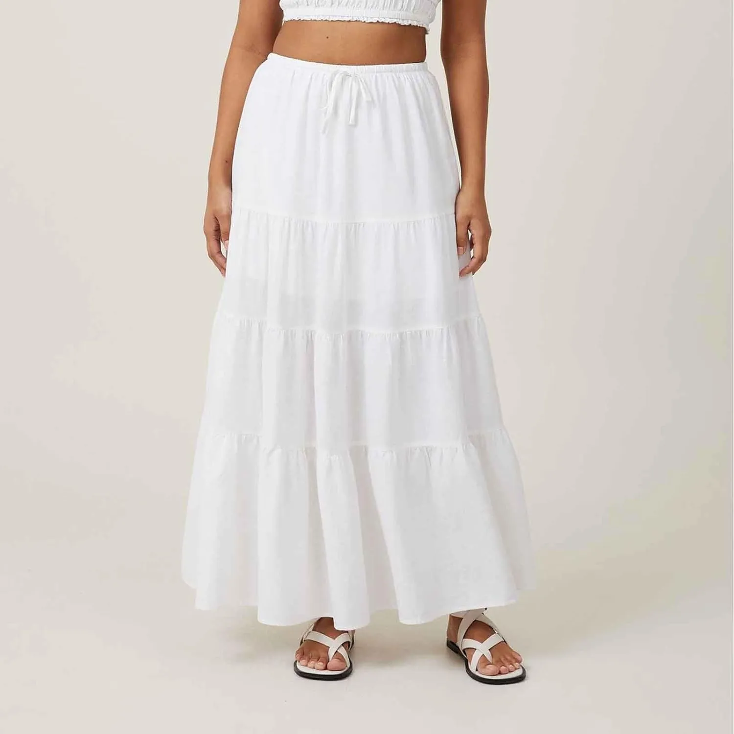 Women Ruched Ruffle Tiered Maxi Skirt, Summer Loose Flowy Casual Long Skirts High Waisted Drawstring Going Out Clothes