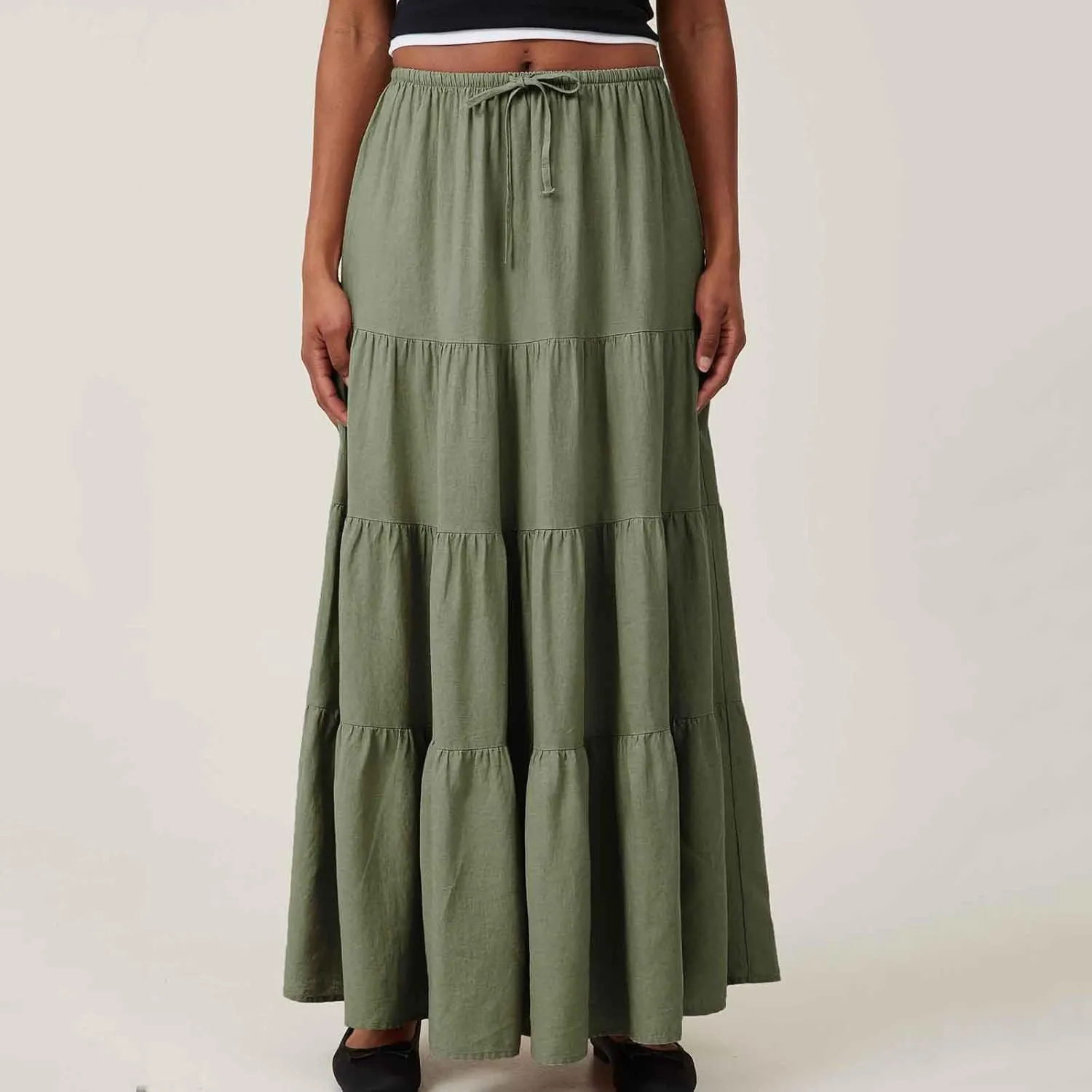 Women Ruched Ruffle Tiered Maxi Skirt, Summer Loose Flowy Casual Long Skirts High Waisted Drawstring Going Out Clothes