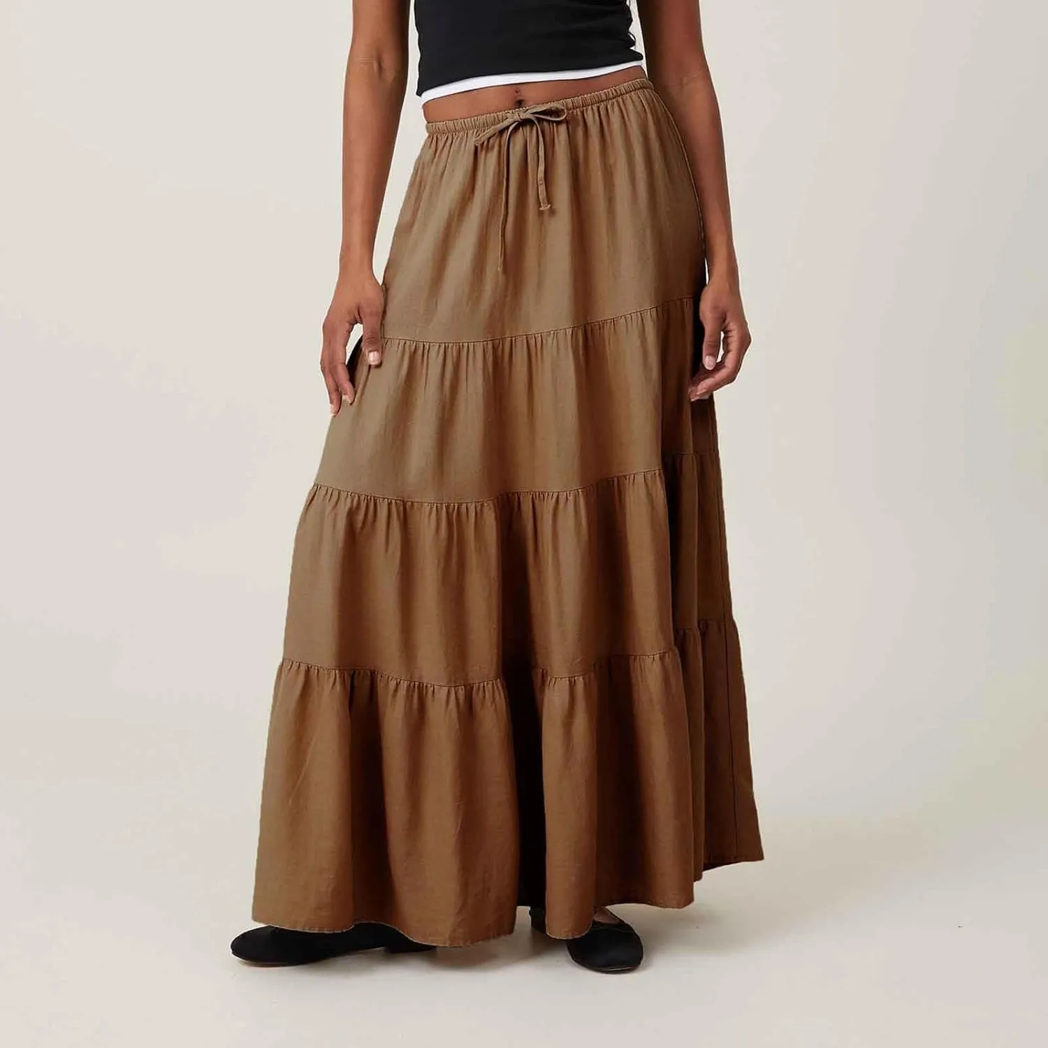Women Ruched Ruffle Tiered Maxi Skirt, Summer Loose Flowy Casual Long Skirts High Waisted Drawstring Going Out Clothes