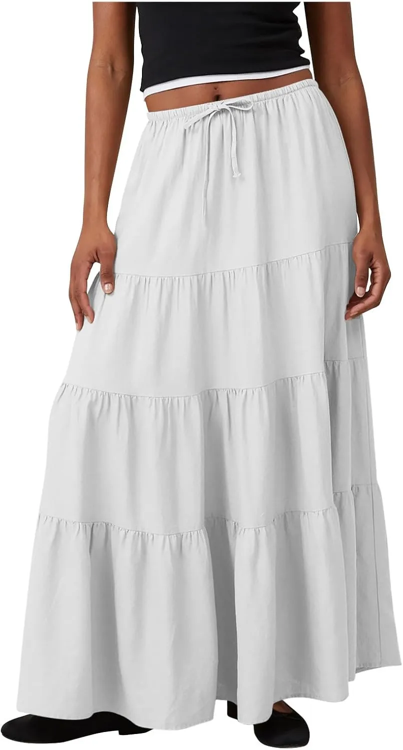 Women Ruched Ruffle Tiered Maxi Skirt, Summer Loose Flowy Casual Long Skirts High Waisted Drawstring Going Out Clothes