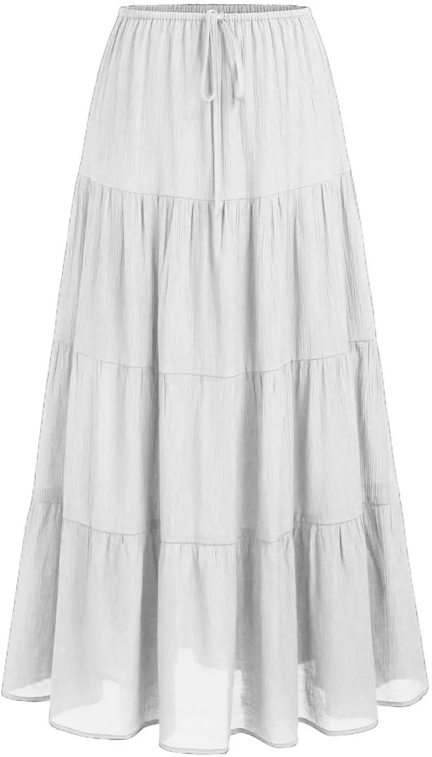 Women Ruched Ruffle Tiered Maxi Skirt, Summer Loose Flowy Casual Long Skirts High Waisted Drawstring Going Out Clothes
