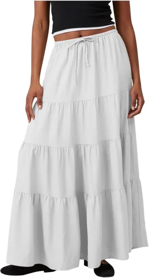 Women Ruched Ruffle Tiered Maxi Skirt, Summer Loose Flowy Casual Long Skirts High Waisted Drawstring Going Out Clothes