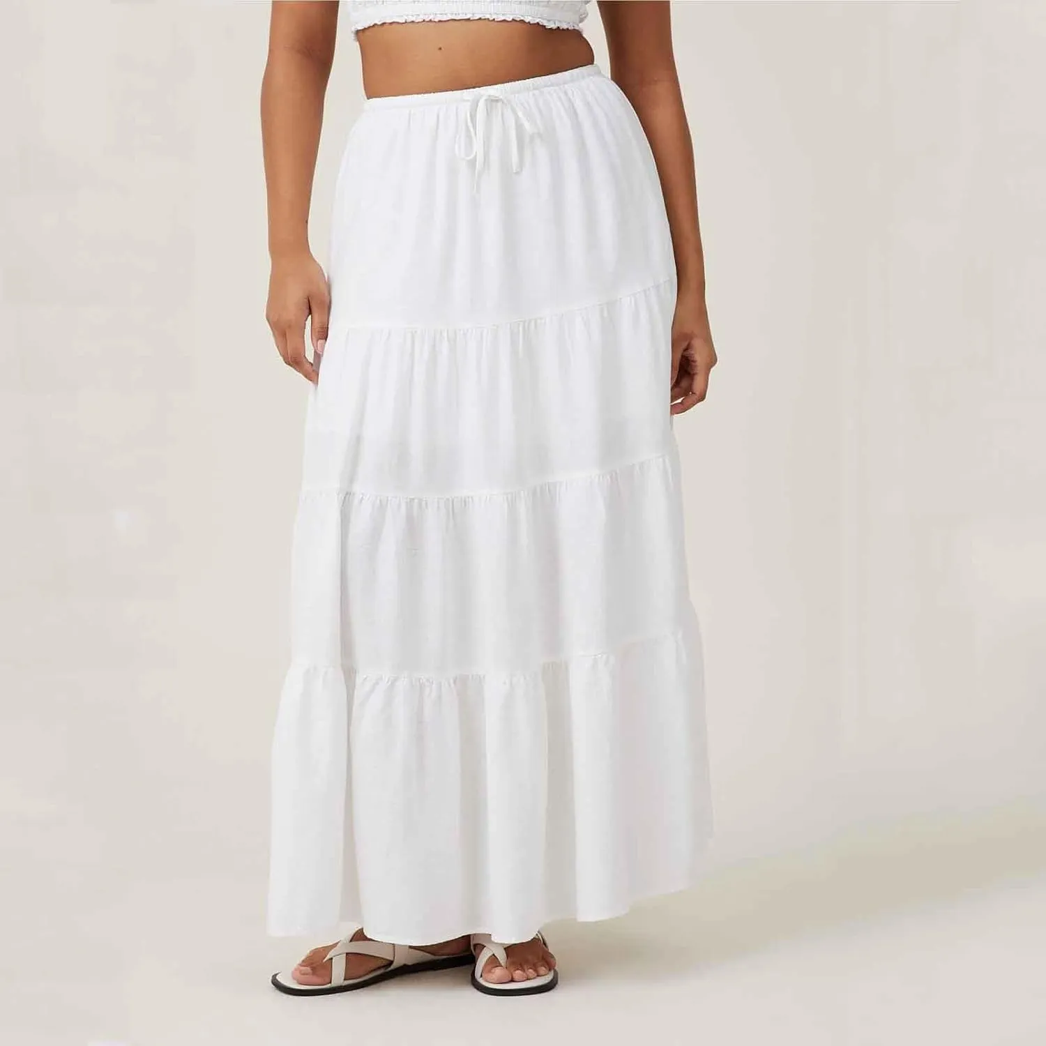 Women Ruched Ruffle Tiered Maxi Skirt, Summer Loose Flowy Casual Long Skirts High Waisted Drawstring Going Out Clothes