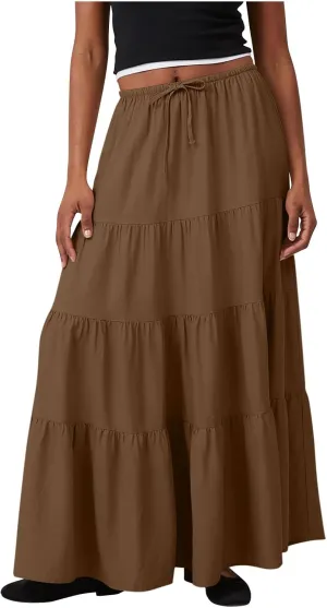 Women Ruched Ruffle Tiered Maxi Skirt, Summer Loose Flowy Casual Long Skirts High Waisted Drawstring Going Out Clothes