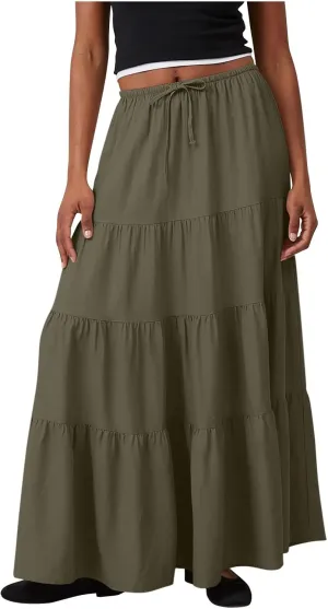 Women Ruched Ruffle Tiered Maxi Skirt, Summer Loose Flowy Casual Long Skirts High Waisted Drawstring Going Out Clothes