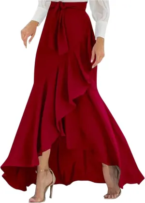 Women Ruffle Wrap Skirt Tie Waist Boho High Low Asymmetrical Maxi Beach Skirt Fishtail Long Casual Loose Flowy Skirt