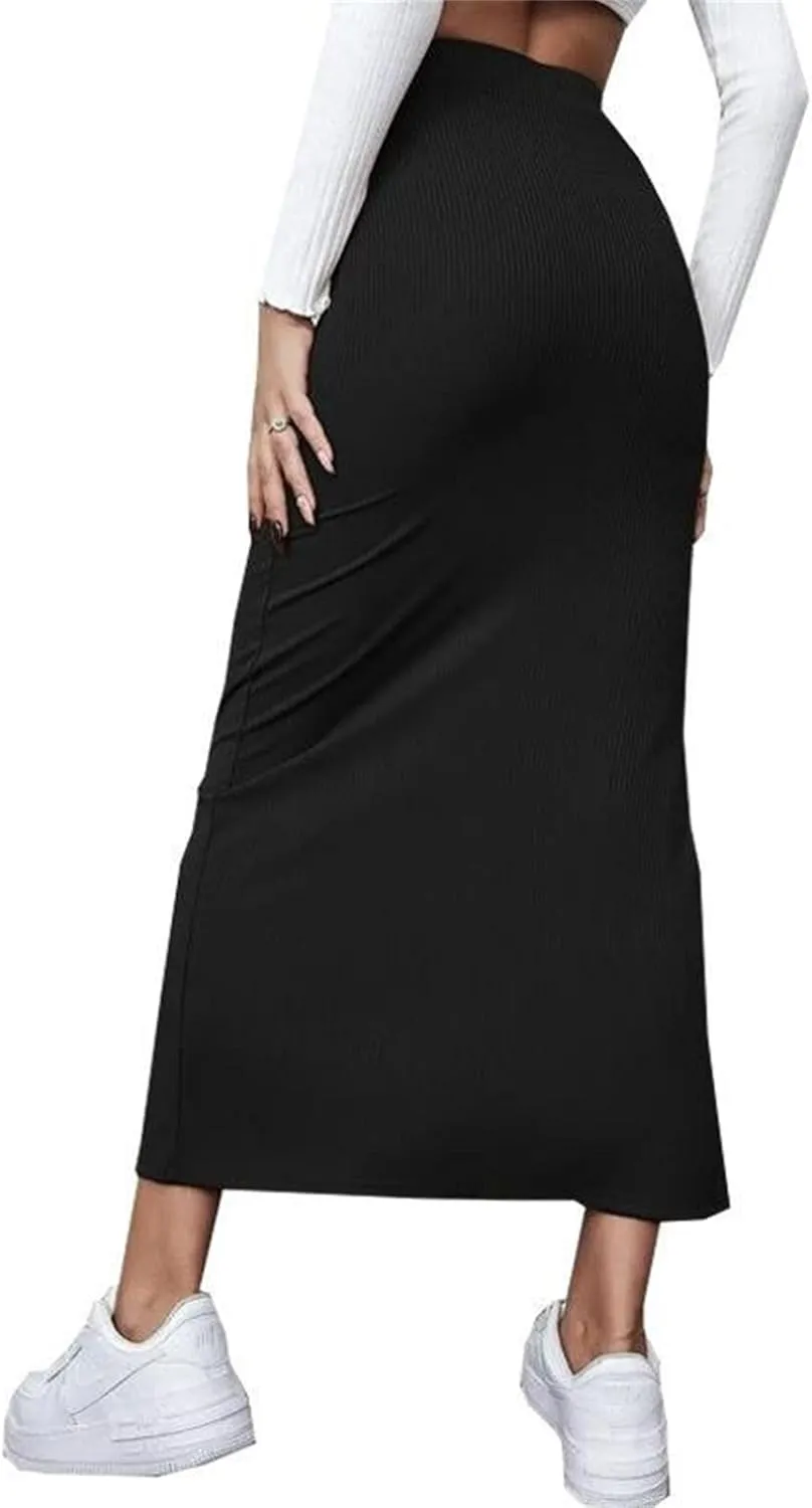 Women Side Split Bodycon Skirt Ribbed Knit Stretch Long Pencil Skirt 2025 Trendy Dressy Work Office Maxi Skirt