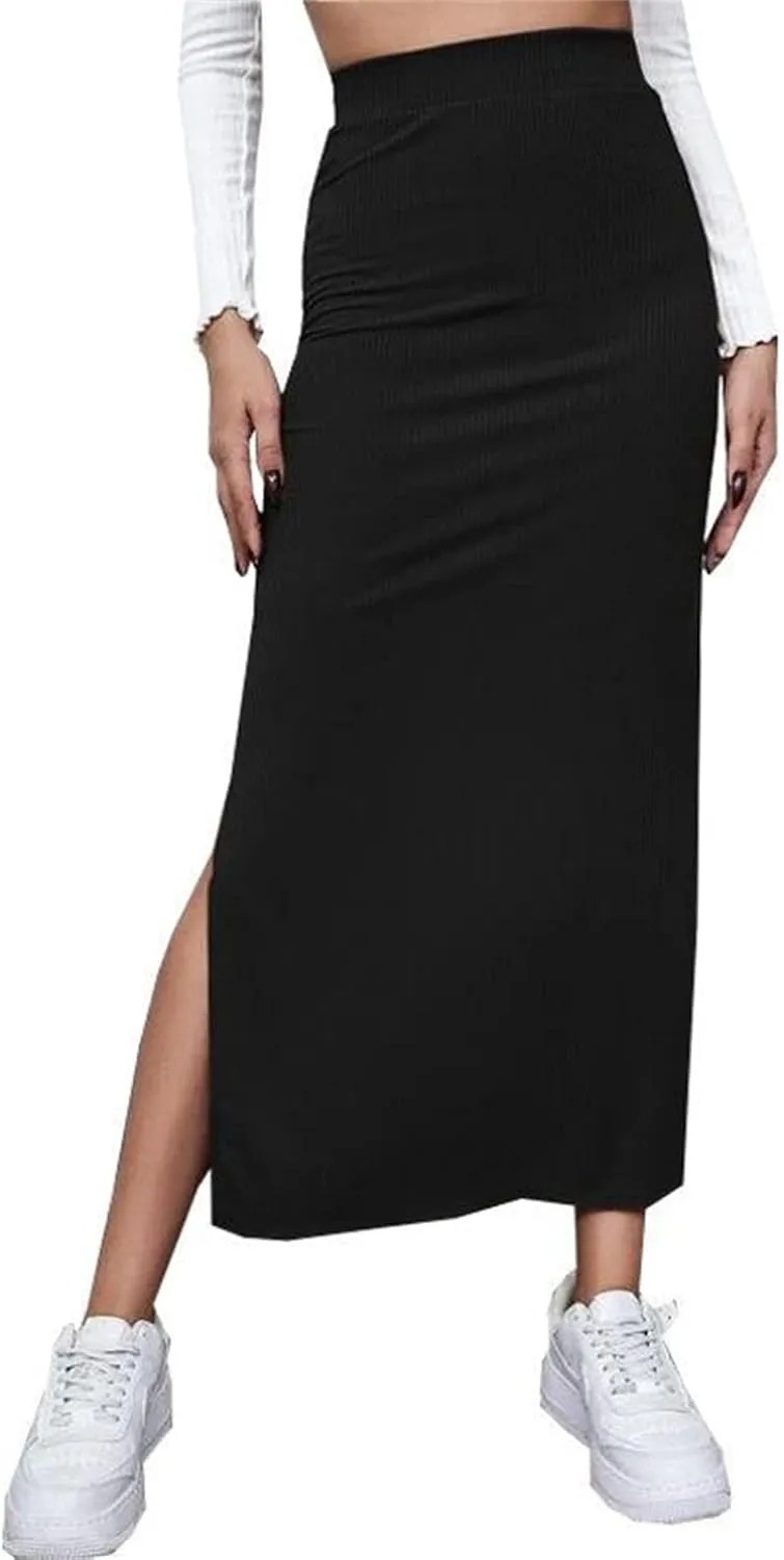 Women Side Split Bodycon Skirt Ribbed Knit Stretch Long Pencil Skirt 2025 Trendy Dressy Work Office Maxi Skirt