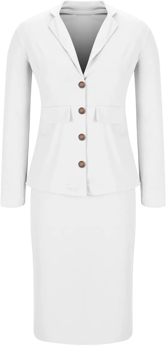 Women Wear to Work Dress 2 Piece Elegant Wrap Blazer Dresses Set Business Casual Long Sleeve Blazer and Pencil Skirt