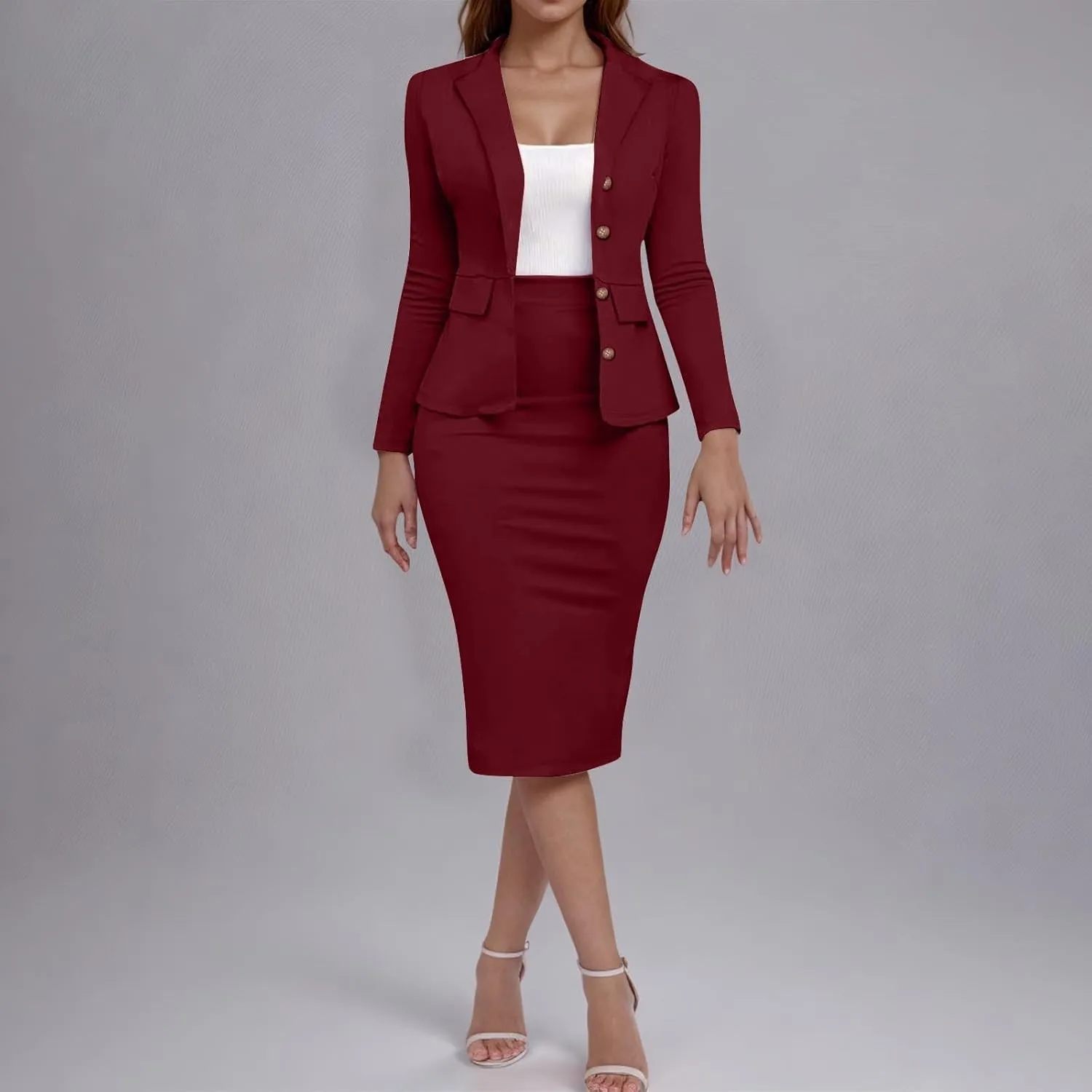 Women Wear to Work Dress 2 Piece Elegant Wrap Blazer Dresses Set Business Casual Long Sleeve Blazer and Pencil Skirt