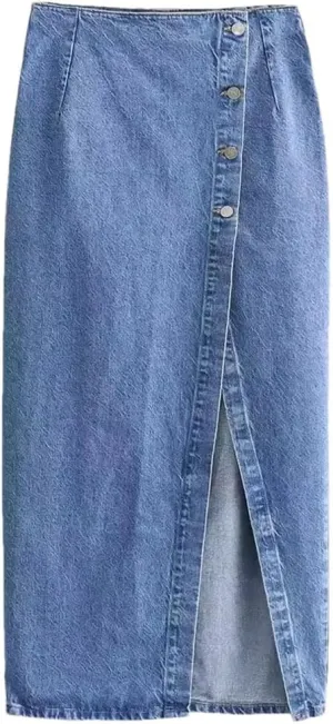 Women with Button Denim Solid Front Slit Midi Skirt Vintage Mid Waist A-Line Skirts