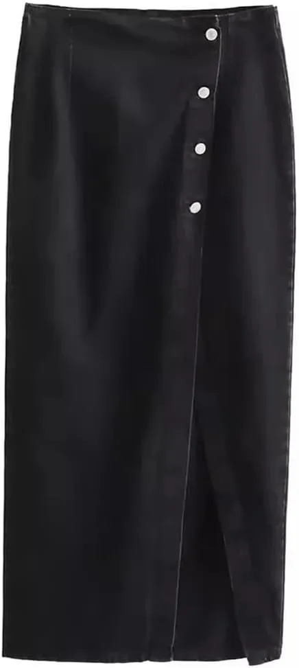 Women with Button Denim Solid Front Slit Midi Skirt Vintage Mid Waist A-Line Skirts