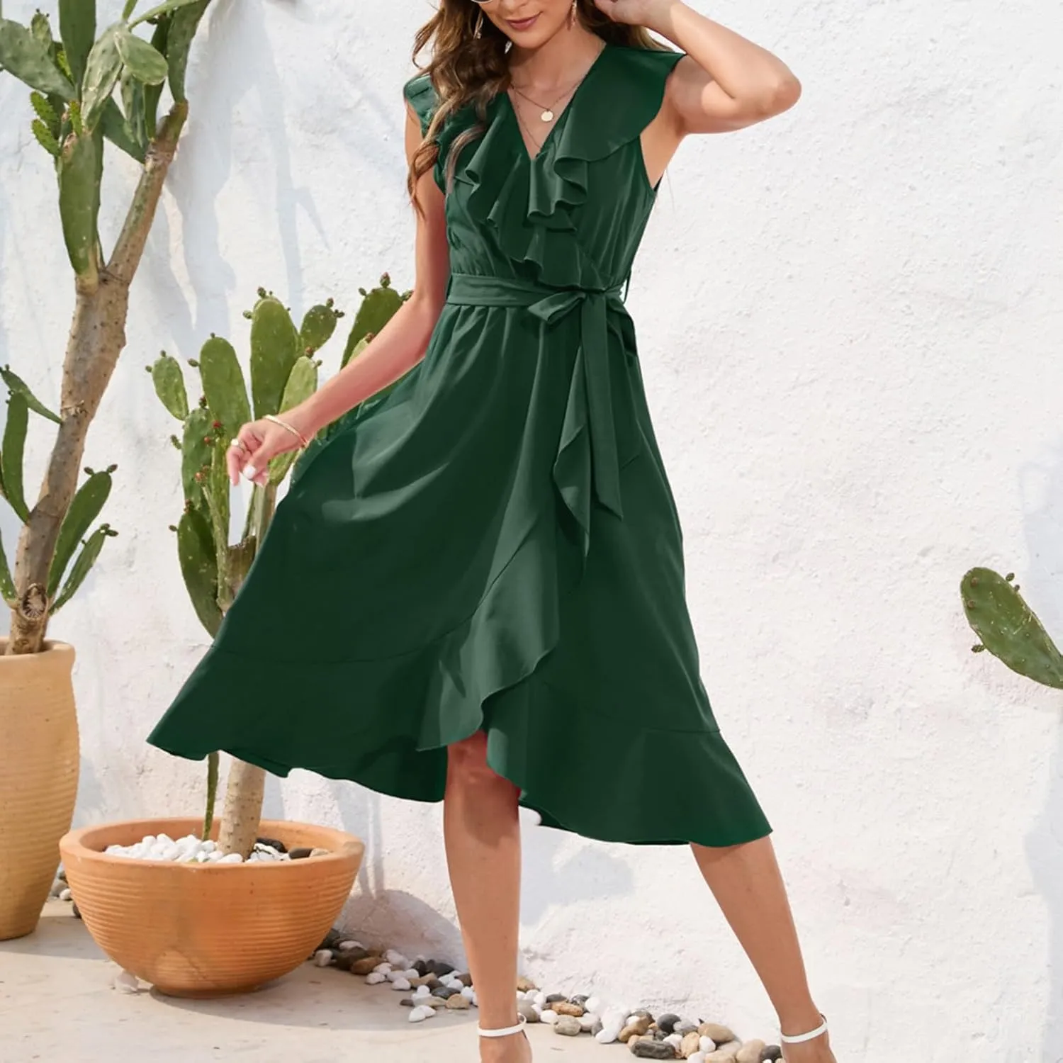 Women's 2025 Summer Wrap Midi Dress Casual Boho Deep V Neck Short Sleeve Dresses Ruffle Hem Split Beach Long Sundress
