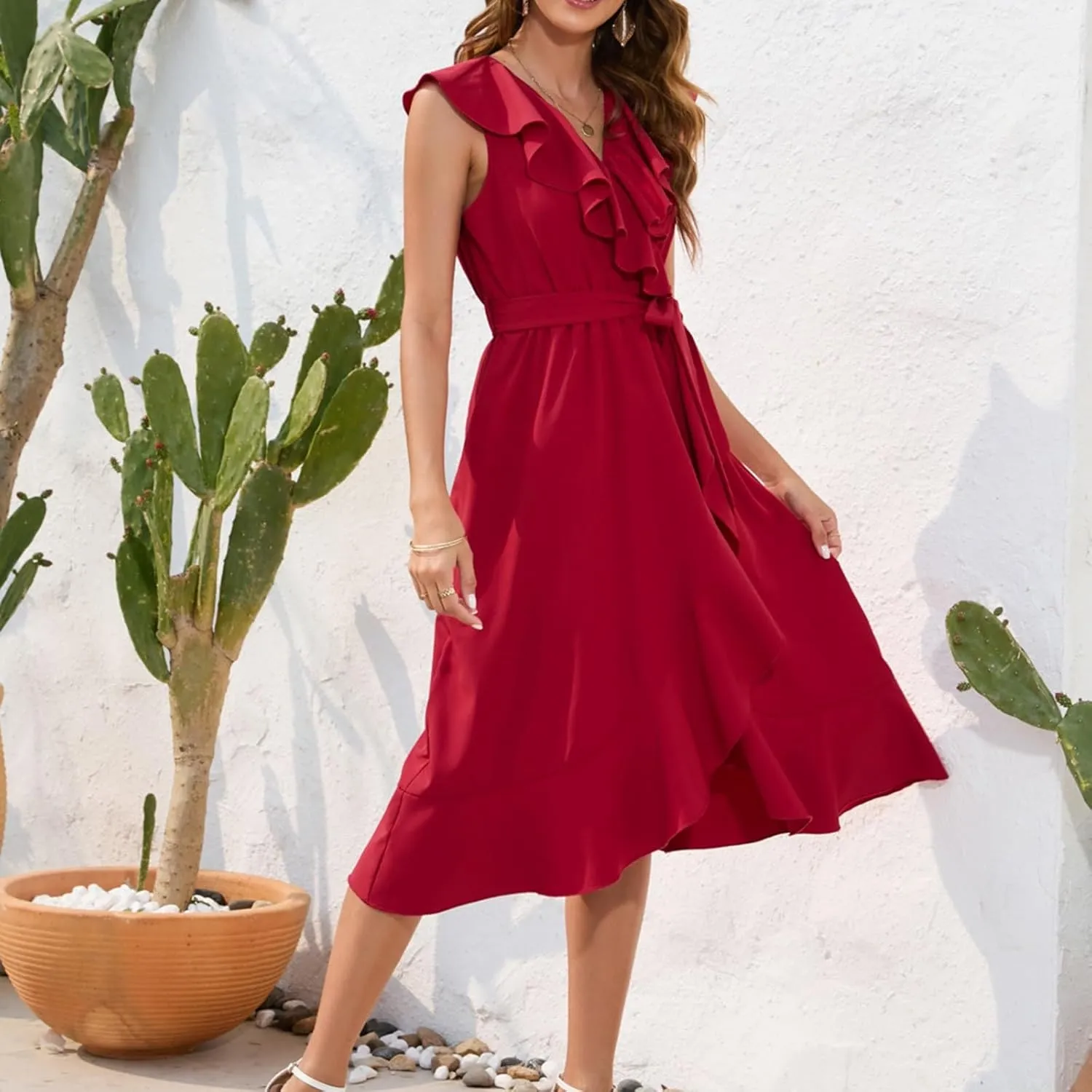 Women's 2025 Summer Wrap Midi Dress Casual Boho Deep V Neck Short Sleeve Dresses Ruffle Hem Split Beach Long Sundress