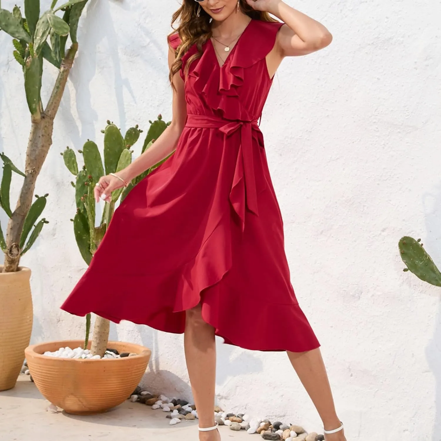 Women's 2025 Summer Wrap Midi Dress Casual Boho Deep V Neck Short Sleeve Dresses Ruffle Hem Split Beach Long Sundress