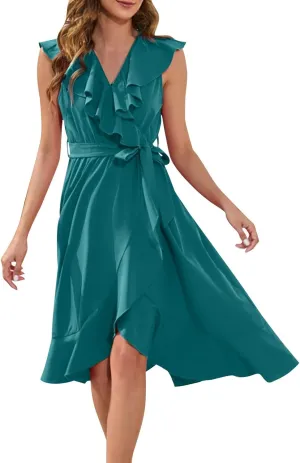 Women's 2025 Summer Wrap Midi Dress Casual Boho Deep V Neck Short Sleeve Dresses Ruffle Hem Split Beach Long Sundress