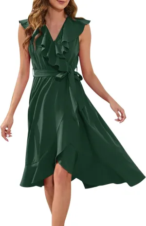 Women's 2025 Summer Wrap Midi Dress Casual Boho Deep V Neck Short Sleeve Dresses Ruffle Hem Split Beach Long Sundress