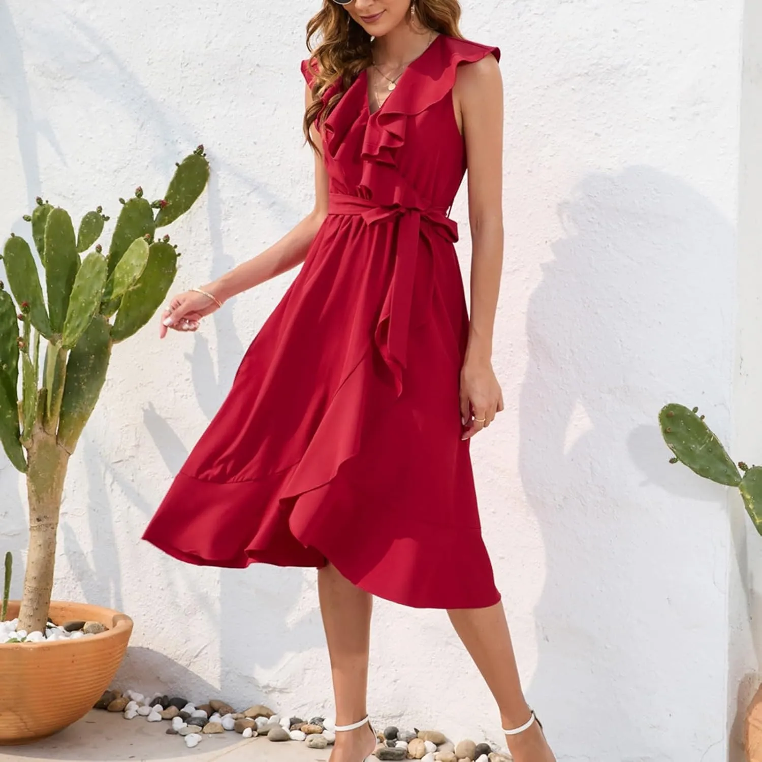 Women's 2025 Summer Wrap Midi Dress Casual Boho Deep V Neck Short Sleeve Dresses Ruffle Hem Split Beach Long Sundress
