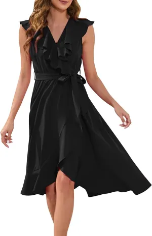 Women's 2025 Summer Wrap Midi Dress Casual Boho Deep V Neck Short Sleeve Dresses Ruffle Hem Split Beach Long Sundress