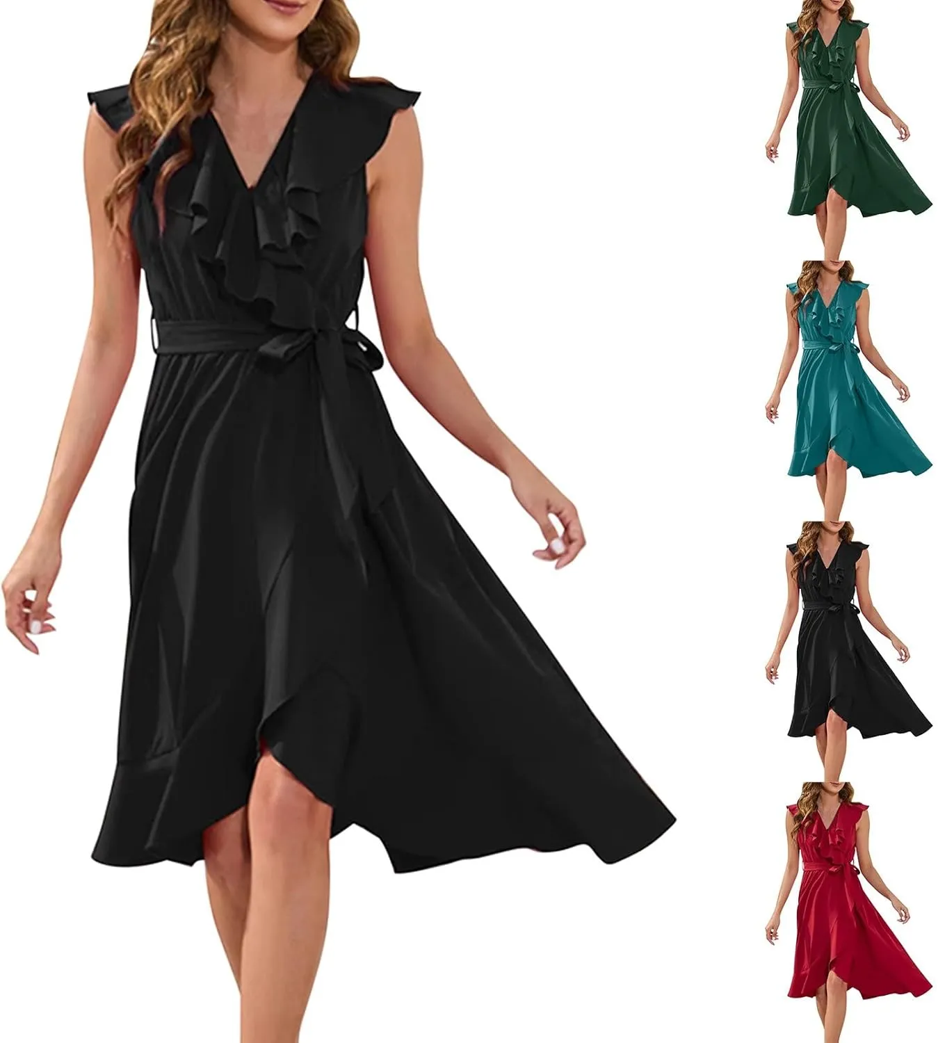 Women's 2025 Summer Wrap Midi Dress Casual Boho Deep V Neck Short Sleeve Dresses Ruffle Hem Split Beach Long Sundress
