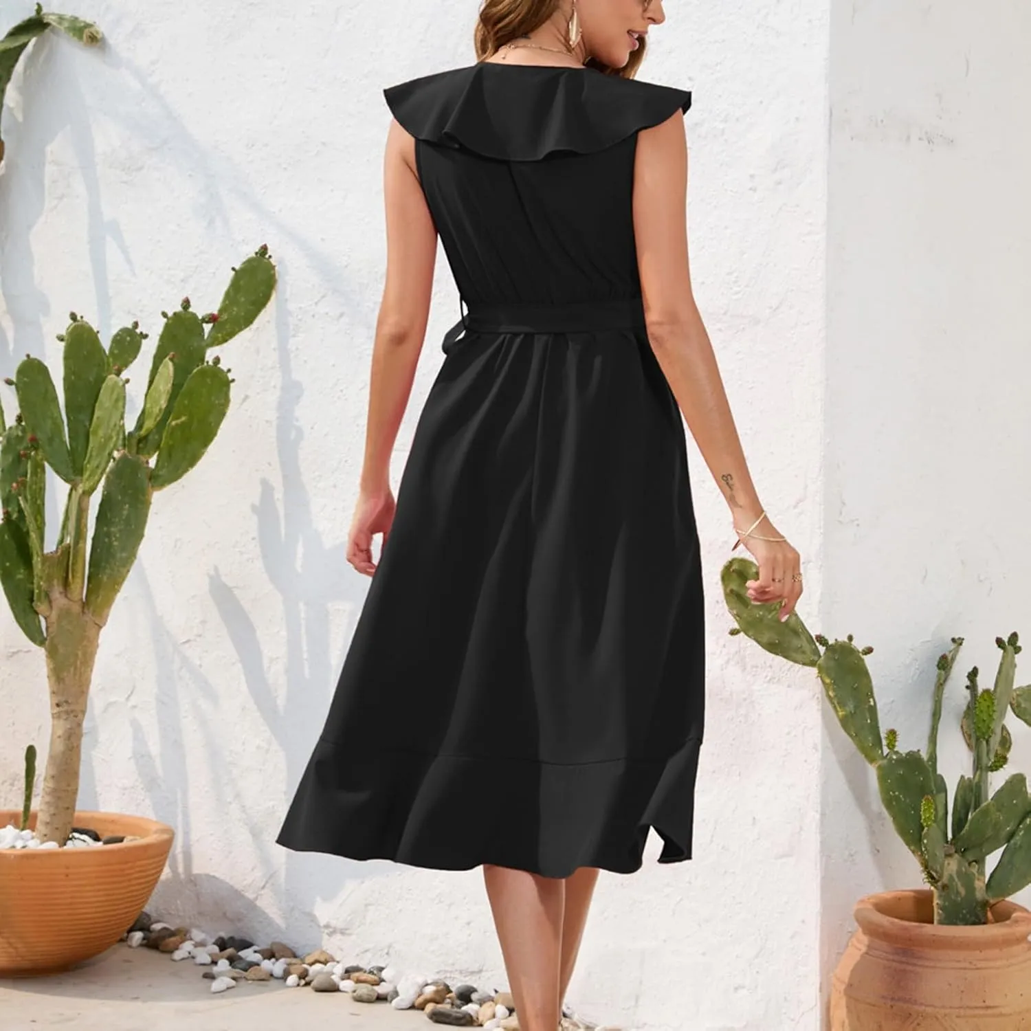 Women's 2025 Summer Wrap Midi Dress Casual Boho Deep V Neck Short Sleeve Dresses Ruffle Hem Split Beach Long Sundress
