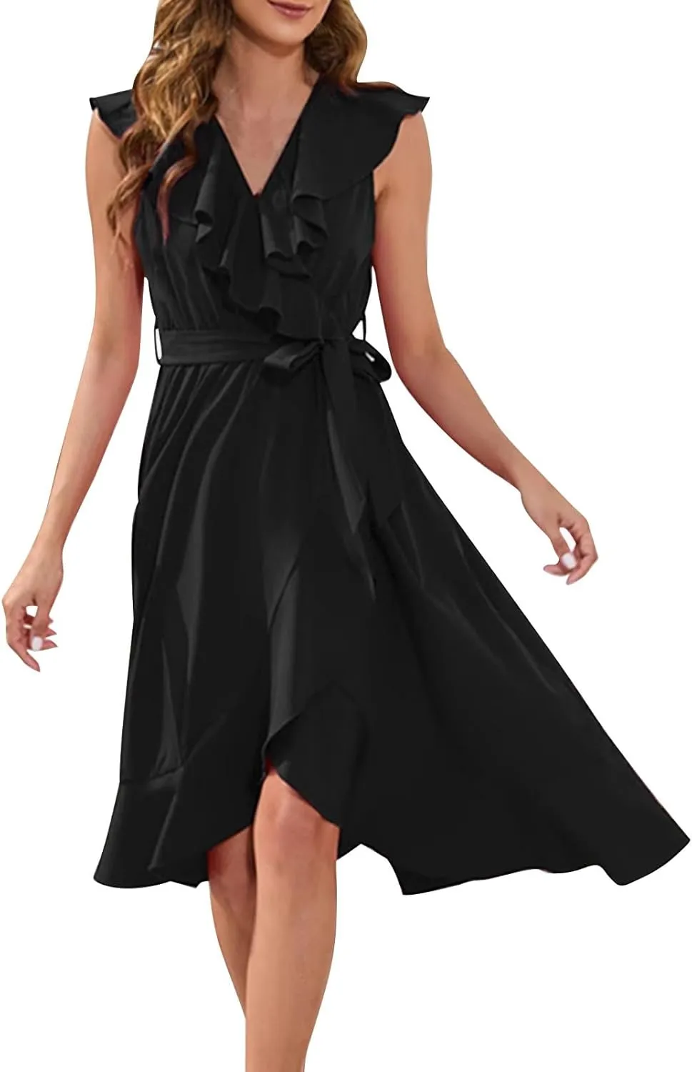 Women's 2025 Summer Wrap Midi Dress Casual Boho Deep V Neck Short Sleeve Dresses Ruffle Hem Split Beach Long Sundress