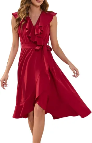 Women's 2025 Summer Wrap Midi Dress Casual Boho Deep V Neck Short Sleeve Dresses Ruffle Hem Split Beach Long Sundress