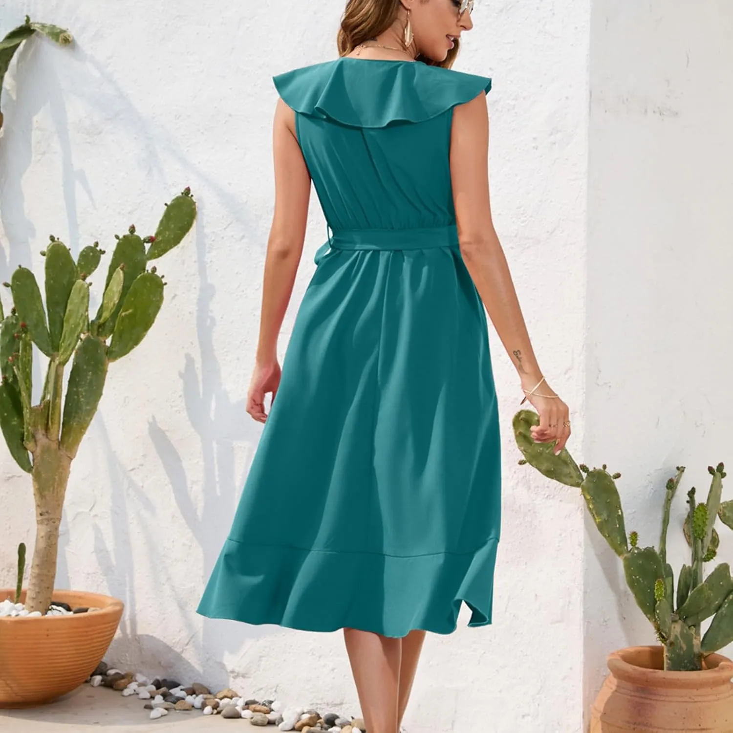 Women's 2025 Summer Wrap Midi Dress Casual Boho Deep V Neck Short Sleeve Dresses Ruffle Hem Split Beach Long Sundress