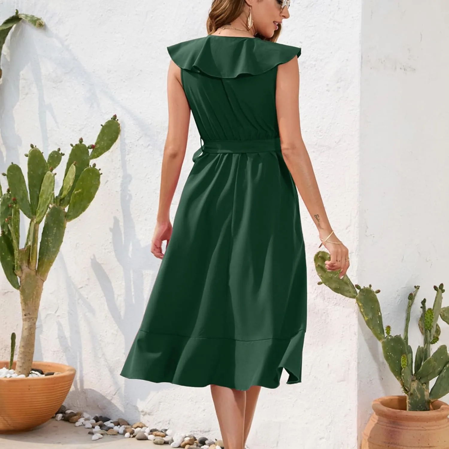 Women's 2025 Summer Wrap Midi Dress Casual Boho Deep V Neck Short Sleeve Dresses Ruffle Hem Split Beach Long Sundress