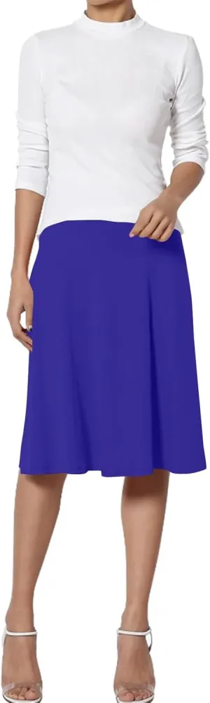 Womens Basic Midi Skirt Versatile Stretchy Flared Summer Casual High Waisted Skirt Pleated A-Line Skirts