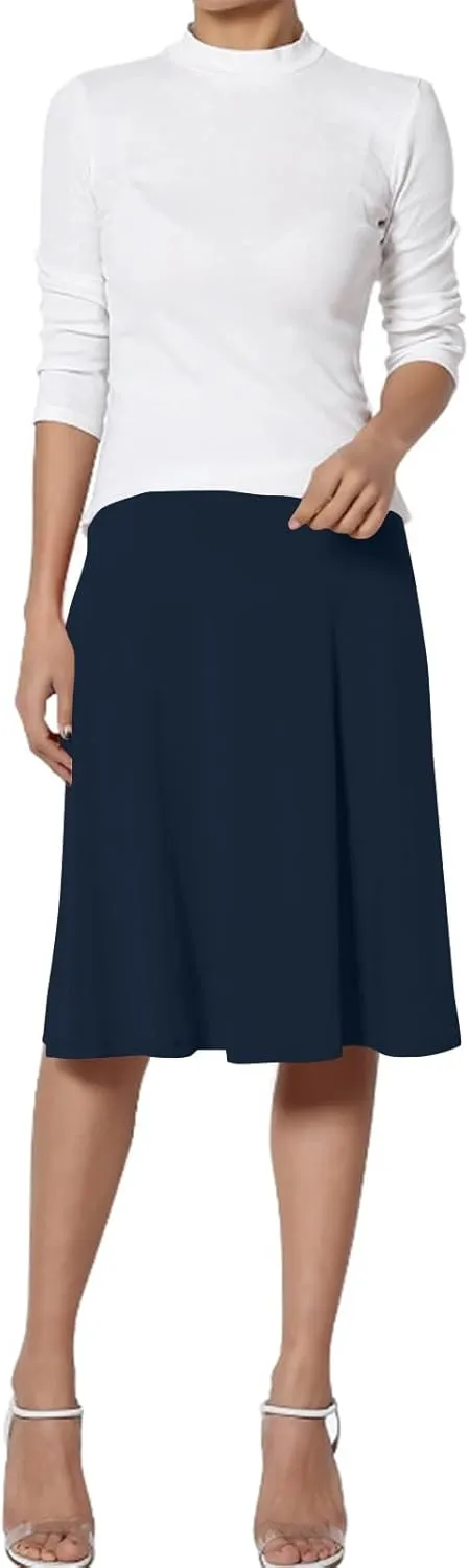 Womens Basic Midi Skirt Versatile Stretchy Flared Summer Casual High Waisted Skirt Pleated A-Line Skirts