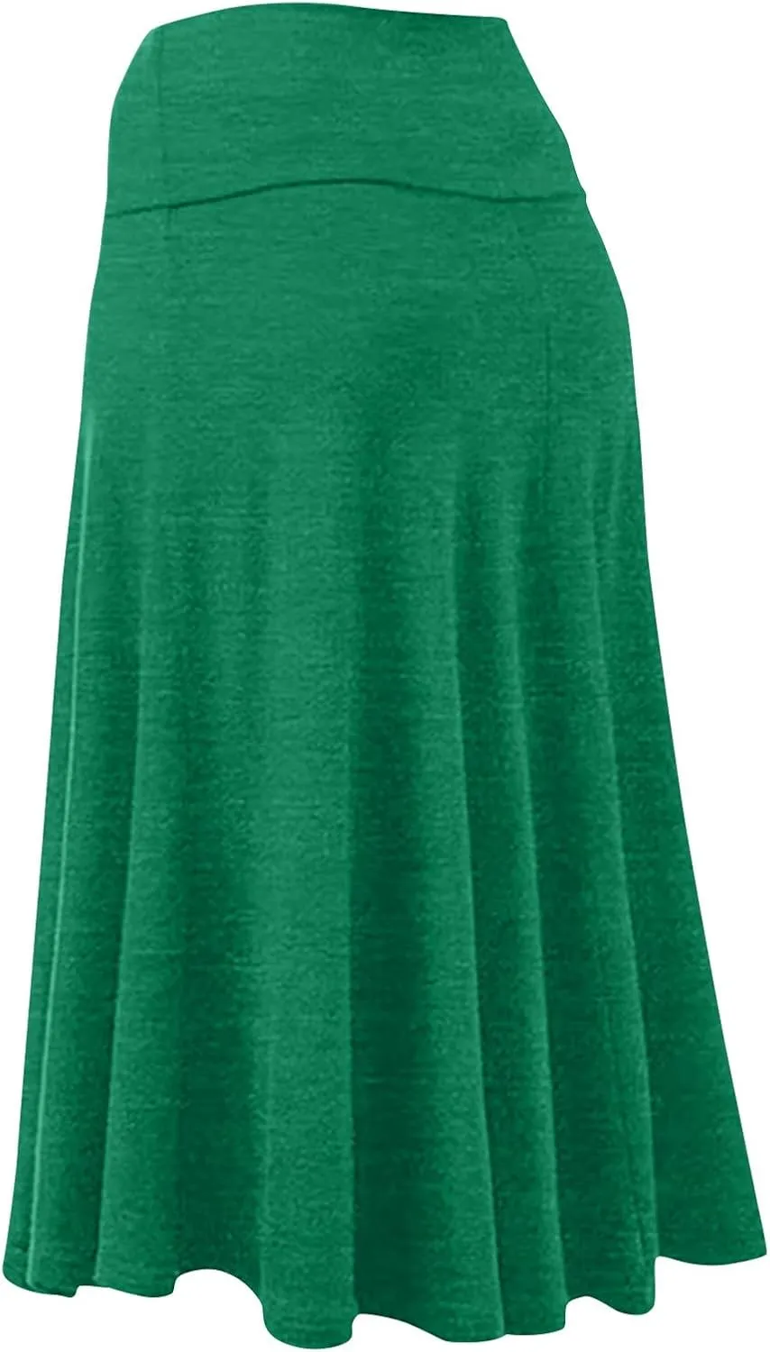 Women's Basic Midi Skirt Versatile Stretchy Flared Summer Casual High Waisted Skirt Pleated A-Line Skirts