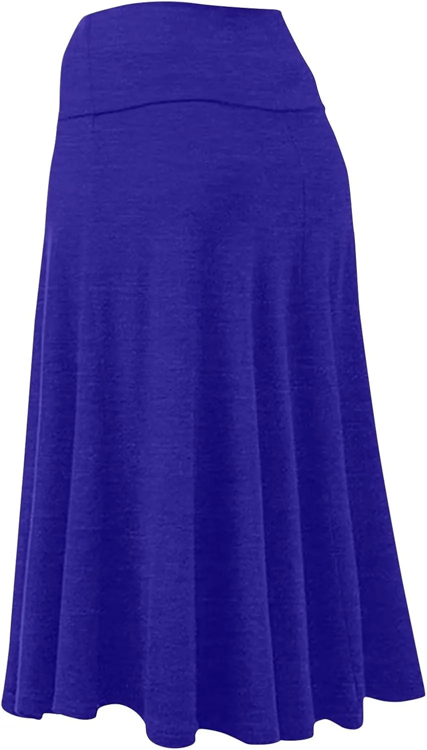 Womens Basic Midi Skirt Versatile Stretchy Flared Summer Casual High Waisted Skirt Pleated A-Line Skirts