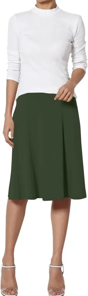 Womens Basic Midi Skirt Versatile Stretchy Flared Summer Casual High Waisted Skirt Pleated A-Line Skirts