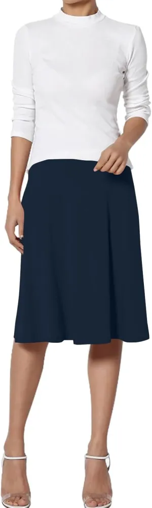 Womens Basic Midi Skirt Versatile Stretchy Flared Summer Casual High Waisted Skirt Pleated A-Line Skirts