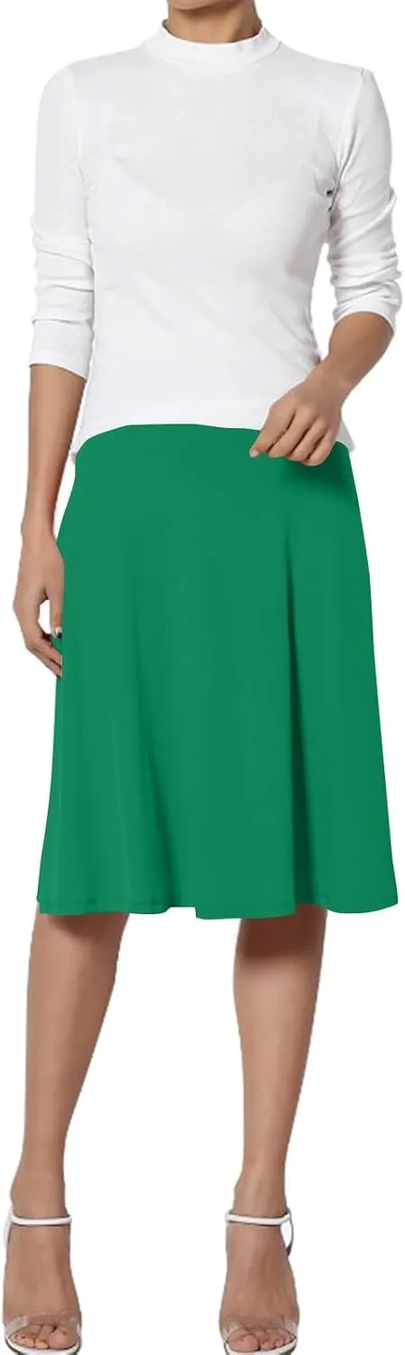 Womens Basic Midi Skirt Versatile Stretchy Flared Summer Casual High Waisted Skirt Pleated A-Line Skirts