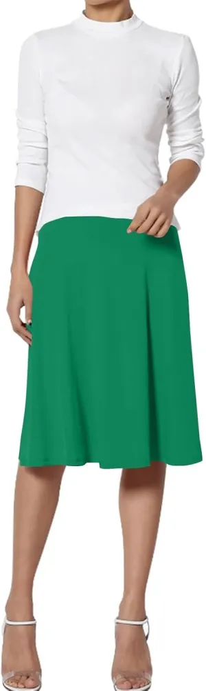 Womens Basic Midi Skirt Versatile Stretchy Flared Summer Casual High Waisted Skirt Pleated A-Line Skirts