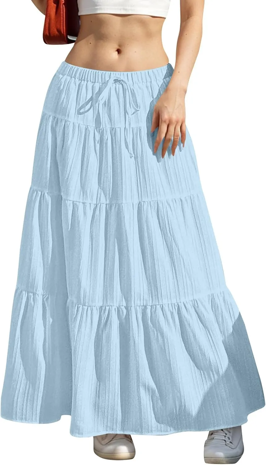 Women's Beach Vacation Skirts Summer Flowy Ruffle Boho Pleated Drawstring Maxi Skirt Casual Fashion Flowy Skirts