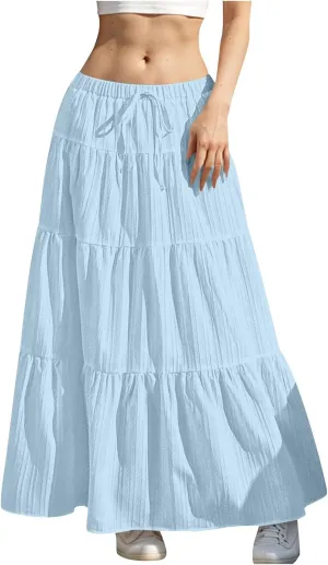 Women's Beach Vacation Skirts Summer Flowy Ruffle Boho Pleated Drawstring Maxi Skirt Casual Fashion Flowy Skirts