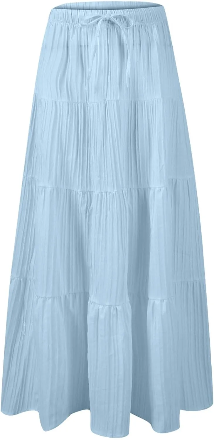 Women's Beach Vacation Skirts Summer Flowy Ruffle Boho Pleated Drawstring Maxi Skirt Casual Fashion Flowy Skirts