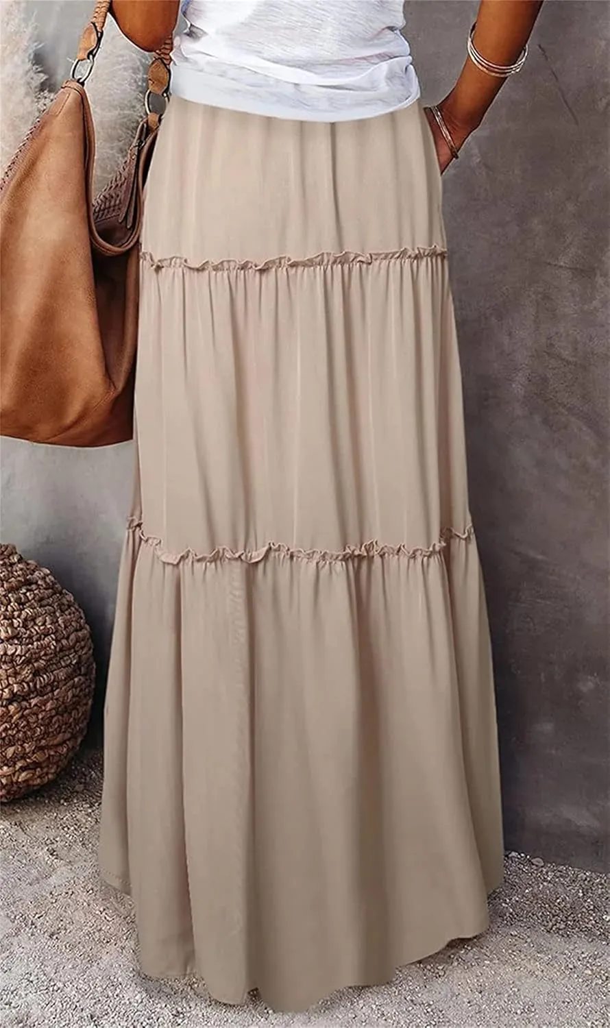 Womens Bohemian Long Maxi Skirt Elastic High Waist Flowy Swing A Line Ruffle Tiered Maxi Skirt Long Beach Skirts