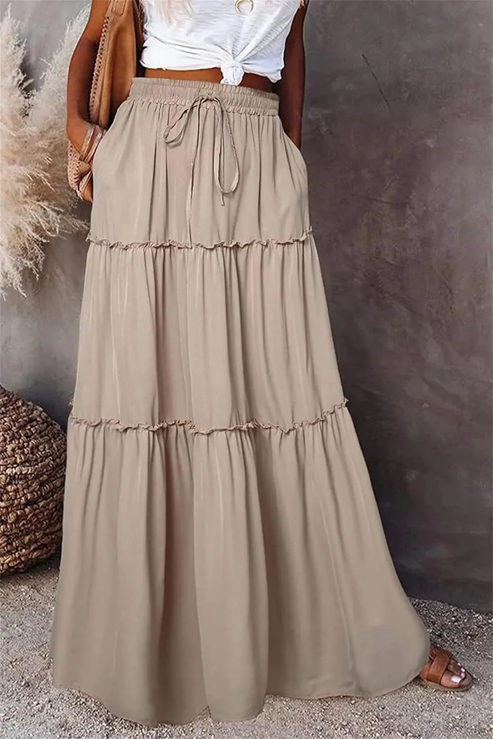 Womens Bohemian Long Maxi Skirt Elastic High Waist Flowy Swing A Line Ruffle Tiered Maxi Skirt Long Beach Skirts