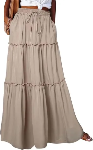 Womens Bohemian Long Maxi Skirt Elastic High Waist Flowy Swing A Line Ruffle Tiered Maxi Skirt Long Beach Skirts